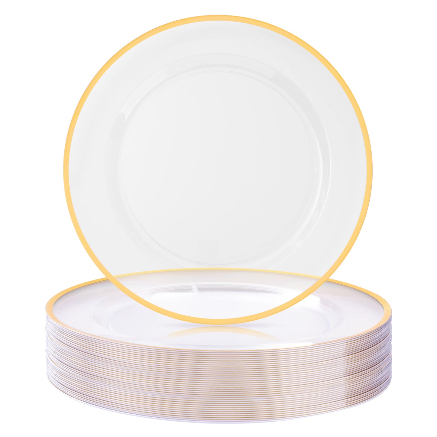 BESTSTAR 12 Inch Disposable Decor Charger Plates, 50 Pack Plastic Clear Plates with Gold Rim, Perfect Table Decor for Party, Wedding, Dinner