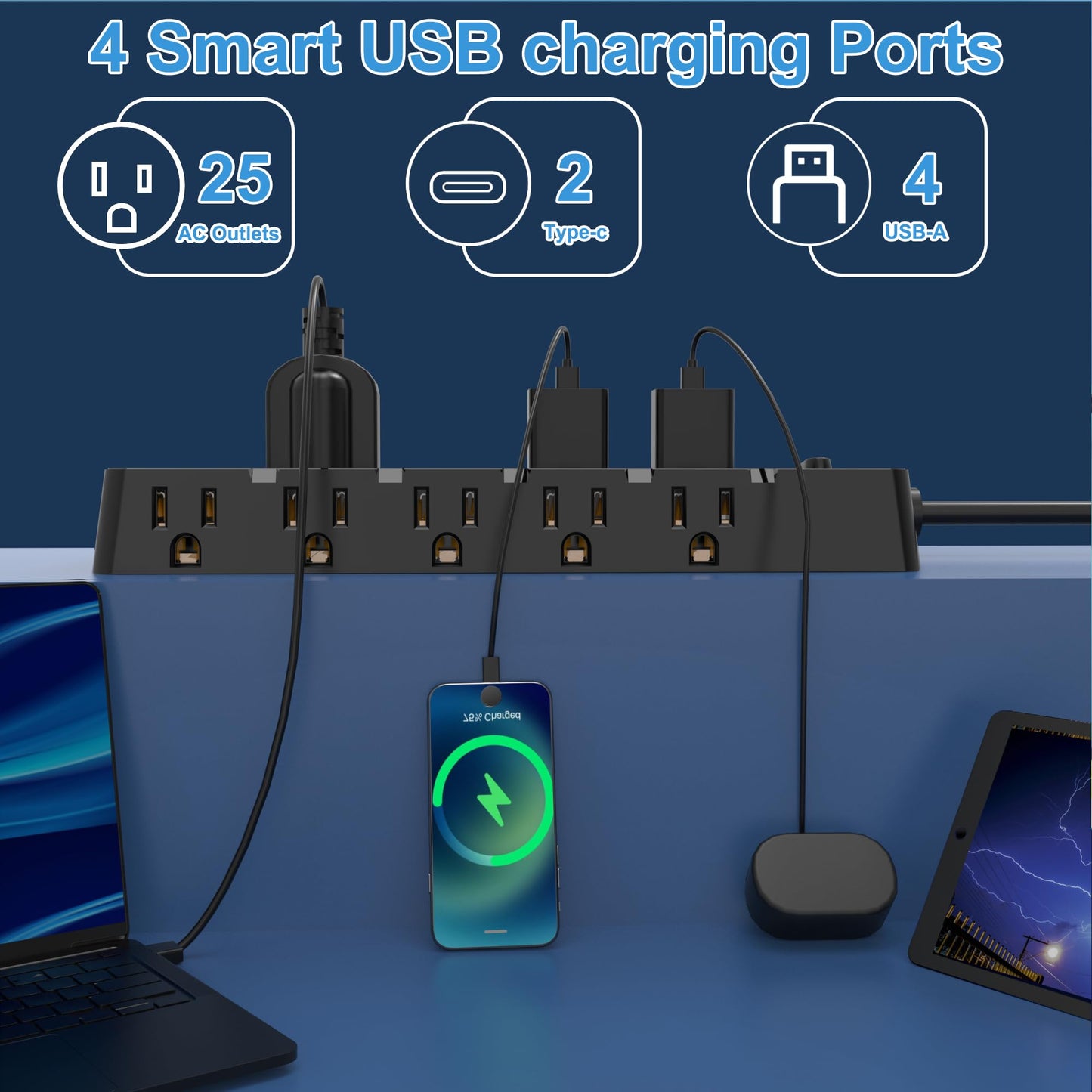 20 Amp Power Strip Surge Protector,Straight Plug Heavy Duty 12 Gauge Cord 6.5 ft,2000W 25 AC Outlets,6 Fast USB Ports,4000 Joules Protection,Office Workshop Household Garage Black