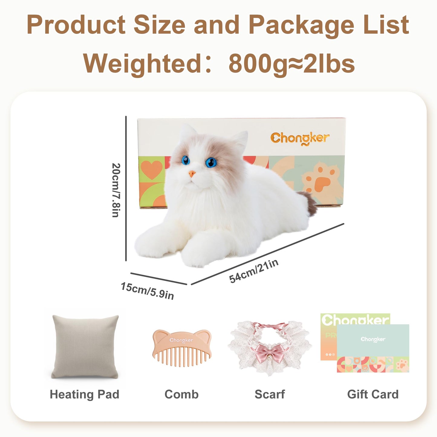 Chongker Microwavable & Weighted Stuffed Animals, 2lbs Heated Stuffed Animal Cat Plushies with Removable Heating Pad for Belly Neck Shoulder, Warmth Plush Toys for Adults Children