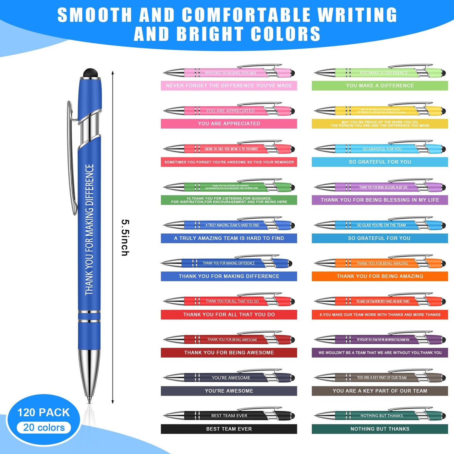 Sherr 120 Pieces Thank You Pens for Touch Screen Thank You Gifts 2 in 1 Pens Ballpoint Pen with Stylus Tip for Events Parties Present Employee Appreciation Office Gifts(Appreciation)