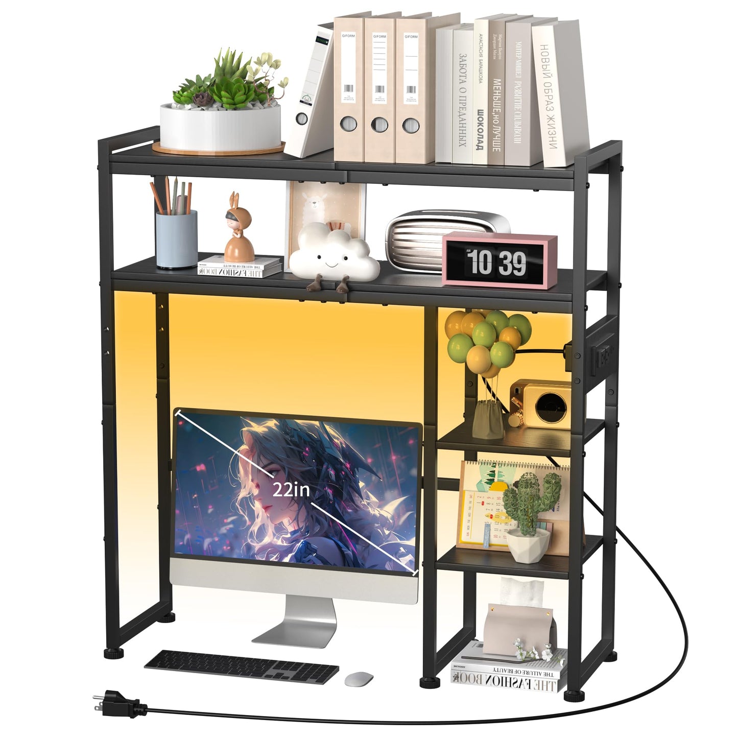 Aetheris Desktop Organizer Shelf, 30" Wooden Office Storage Rack with Outlets, Display Shelf Rack with Light Strip, 5 Tier Desktop Display Rac, Desk Shelf, Desk Hutch for Computer Monitor (Black)