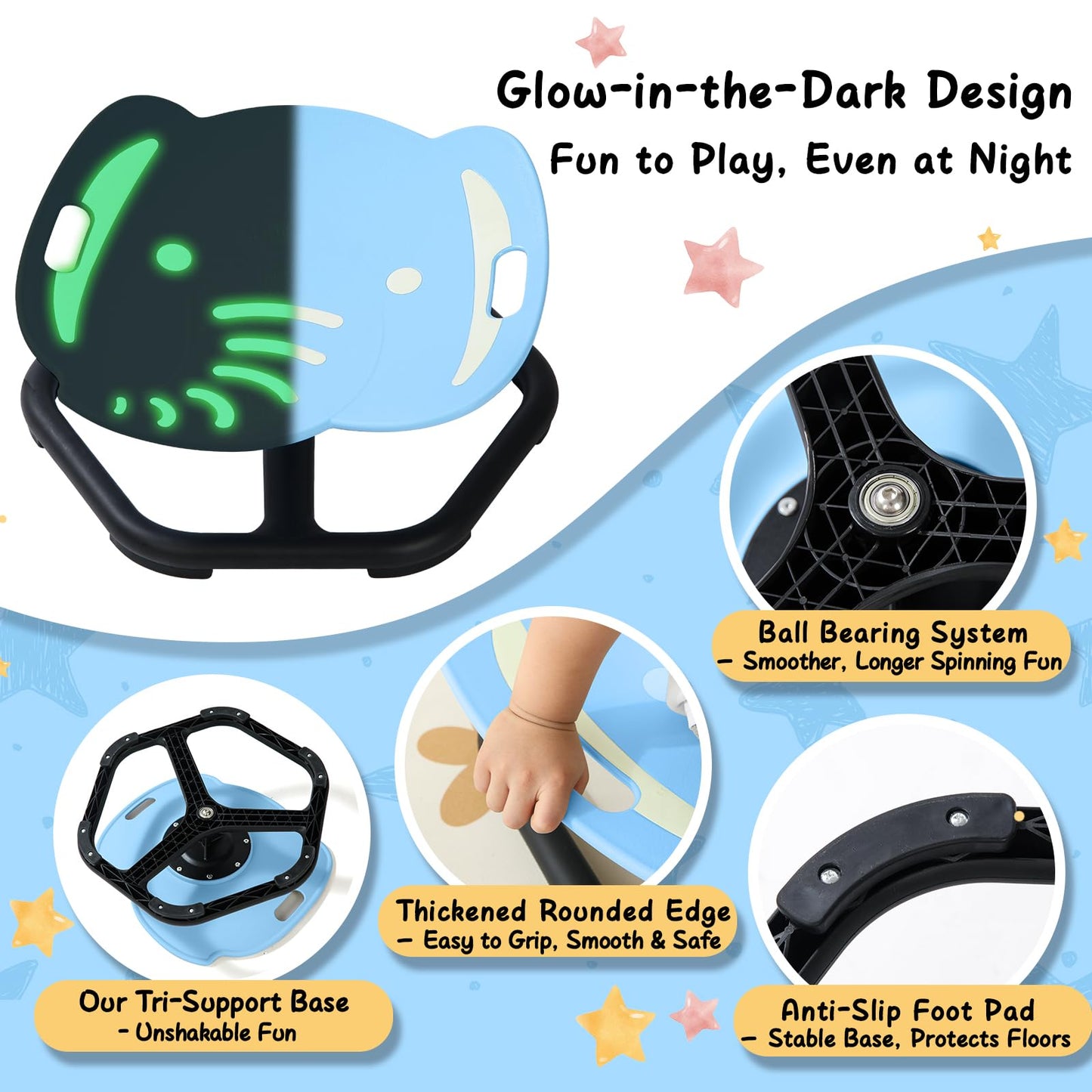 HAPPYMATY Spinning Chair for Autistic Kids, Glow-in-the-Dark Elephant Sensory Chair, Autism Sensory Toys, Sit and Spin Swivel Seat ADHD Must Haves, Supports Balance & Coordination, Ages 3+ (Blue)