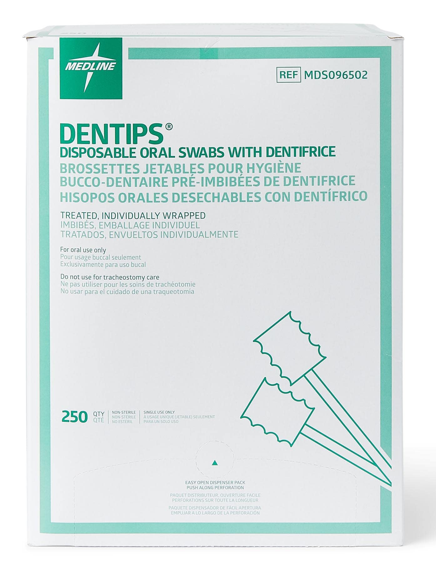 Medline Dentips Disposable Oral Swabsticks, Adult Mint Dentifrice-Treated, Green, 250 Count