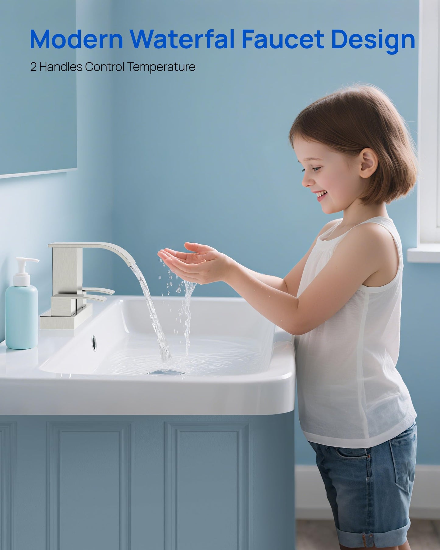 Waterfall Bathroom Sink Faucet Set with Pop Up Drain Stopper & Supply Lines - 4 Inch 2 Handles Centerset Faucet 2 or 3 Hole Lavatory Faucet Bathroom Vanity Mixer Tap Basin Faucets Brushed Nickel