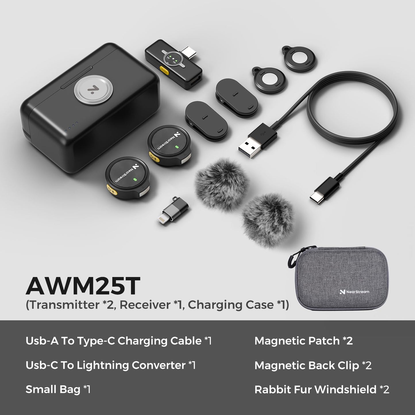 NearStream Wireless Lavalier Microphone for iPhone/Android, Lapel Microphone Wireless with Lightning/USB-C Plug-Play, Noise Cancellation, 24H Battery for Livestream, Vlog, Interview, Podcast (AWM25T)