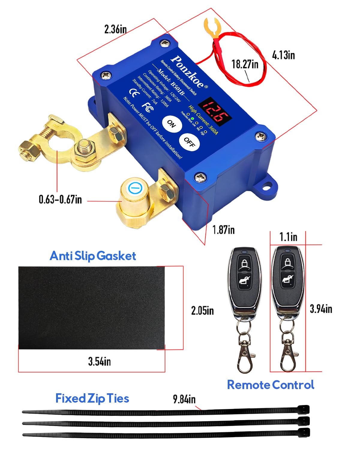 360A Remote Car Battery Disconnect Switch with LED Voltage Display - 12V 24V Kill Switch for Marine Boat RV Truck Vehicles ATV, Heavy Duty Anti-Theft Power Cutoff & ON/Off Isolator(Negative Terminal)