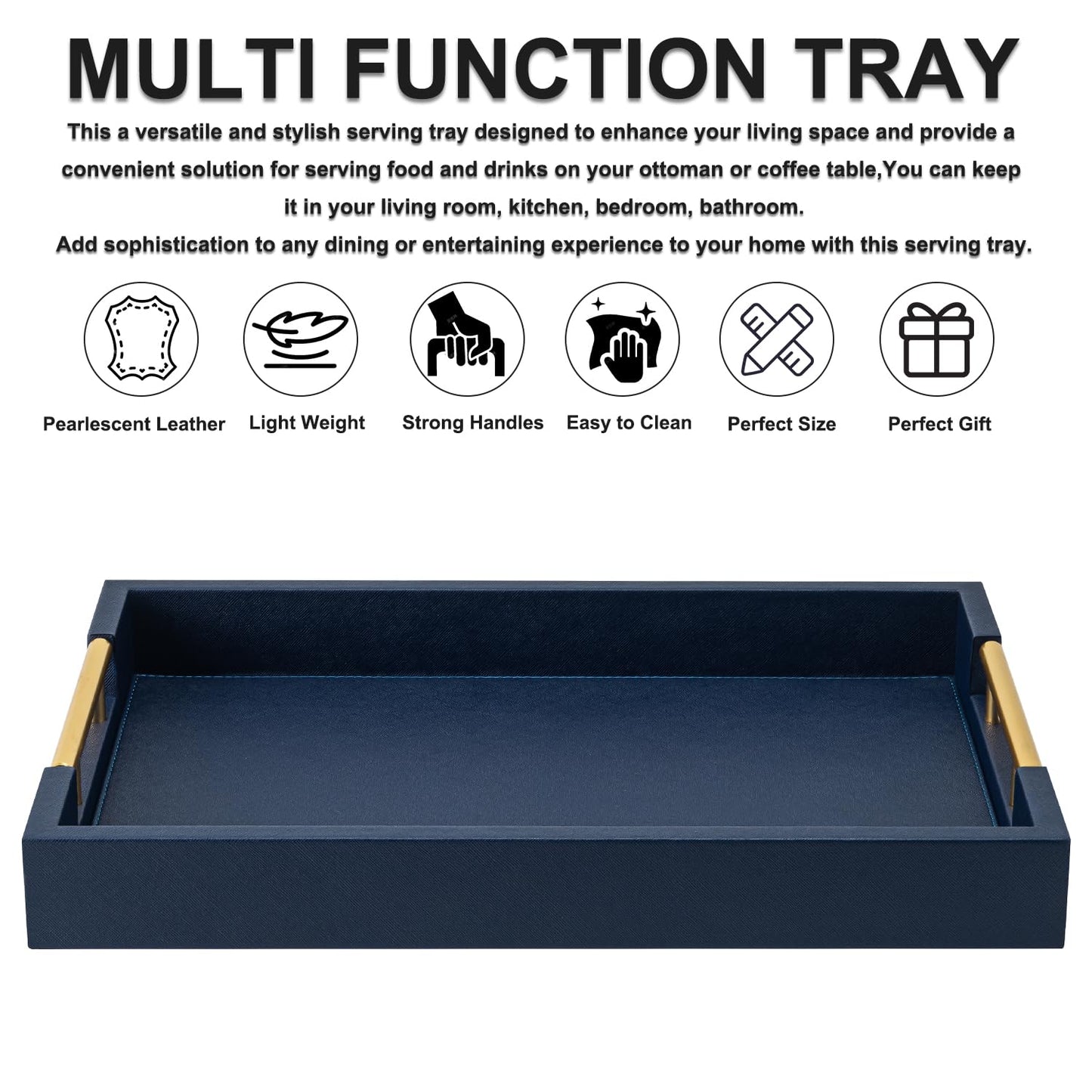 Navy Blue Faux Leather Serving Coffee Tray with Gold Handles,Rectangle Decorative Trays for Home Decor Large Ottoman Tray for Living Room