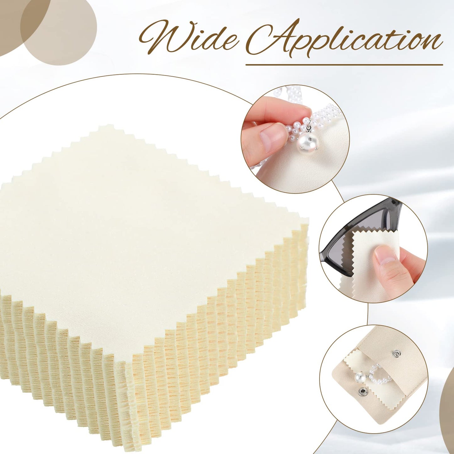 Cunno 120 Pack Microfiber Jewelry Pouch with Cleaning Cloth 3.2"x3.2" Jewelry Packaging Bag with Snap Button Bags(Beige)