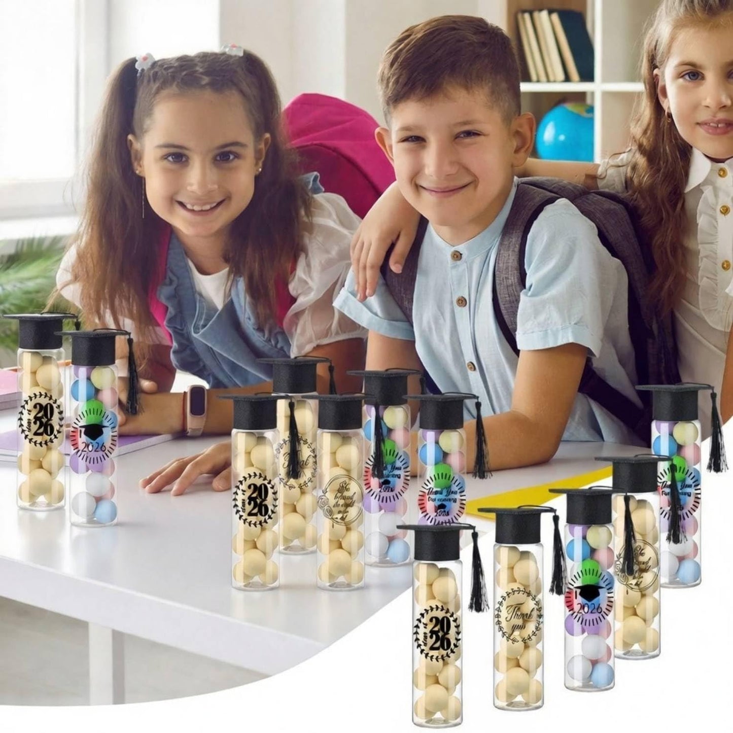 Teenyyou 50 Pcs Graduation Candy Tubes 2026 Graduation Party Favors Candy Boxes Plastic Grad Cap Jars Container with Tassels and Stickers for DIY Grad Table Party Favors (Black)