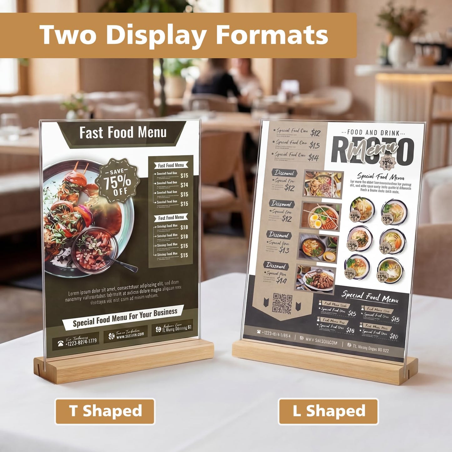 Comix 8.5x11 Clear Acrylic Sign Holder with Wood Base 6 Pack L/T Shape Table Display Stand Vertical or Slant Back Display for Wedding, Restaurant, Store, Office, Hotel