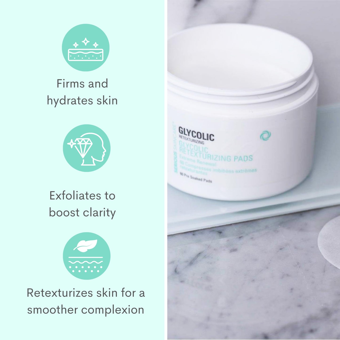 Serious Skincare - Glycolic Resurfacing Face Pads for Smoother Skin - Glycolic Acid - Exfoliates Dead Skin Cells - Pre-Soaked Cotton Pads - Vitamin E, ALoe -2 Pack (60 Pads Each)