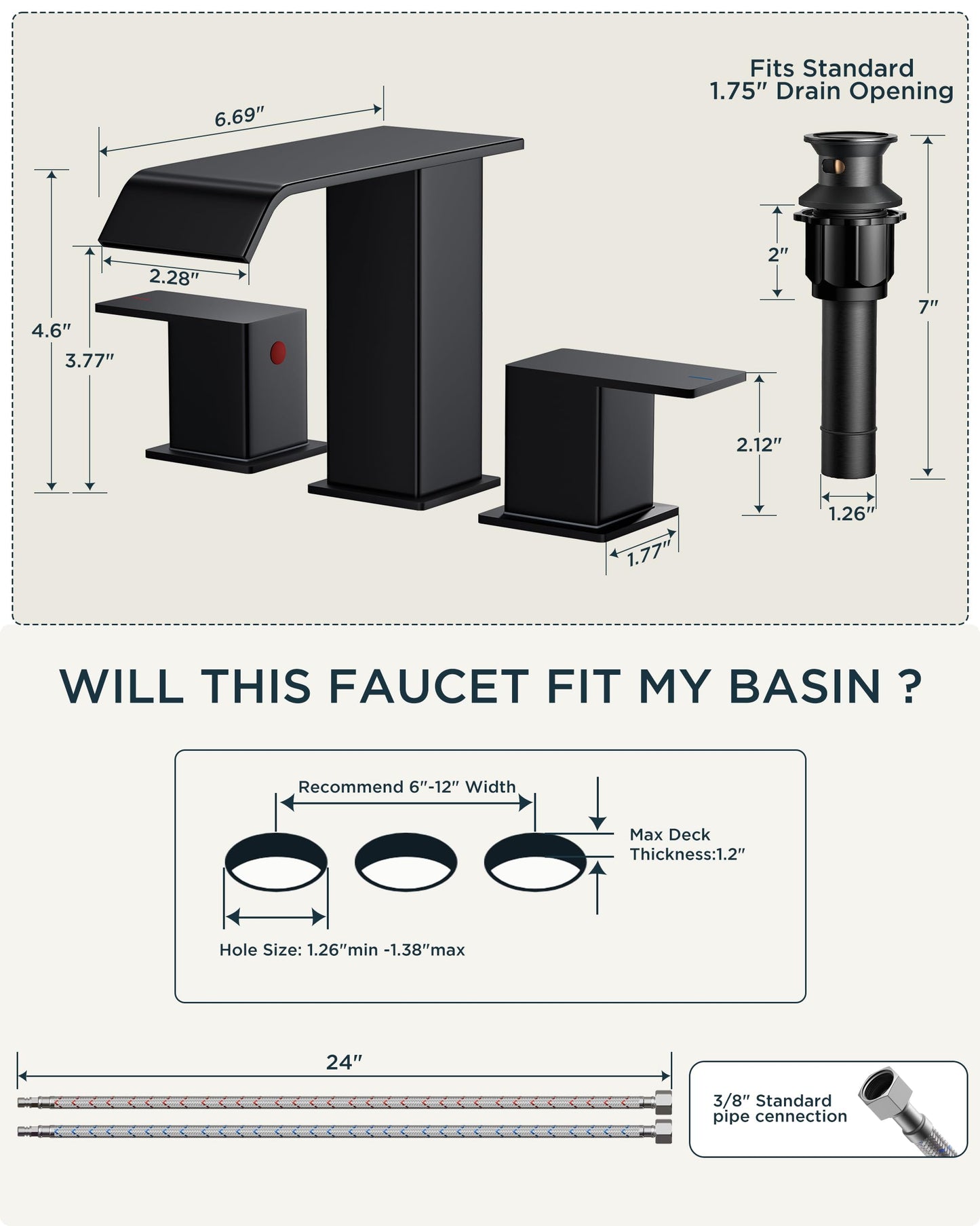 FORIOUS Matte Black Waterfall Bathroom Faucets 3 Hole, 8 Inch Widespread 2 Handles Bathroom Sink Faucet with Pop-up Drain and Flexible Hot and Cold Water Hoses, Suitable for Vanity RV Restroom