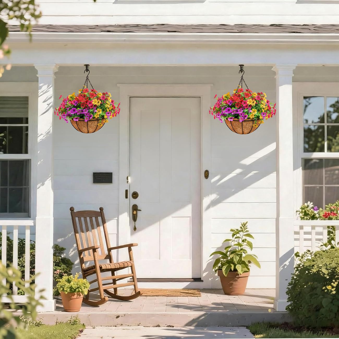 secqous 2 Set Artificial Outdoor Flowers with Hanging Basket, 2 Hanging Planters with 24 Pcs Flowers for Garden Porch Patio Balcony Yard Home Decoration