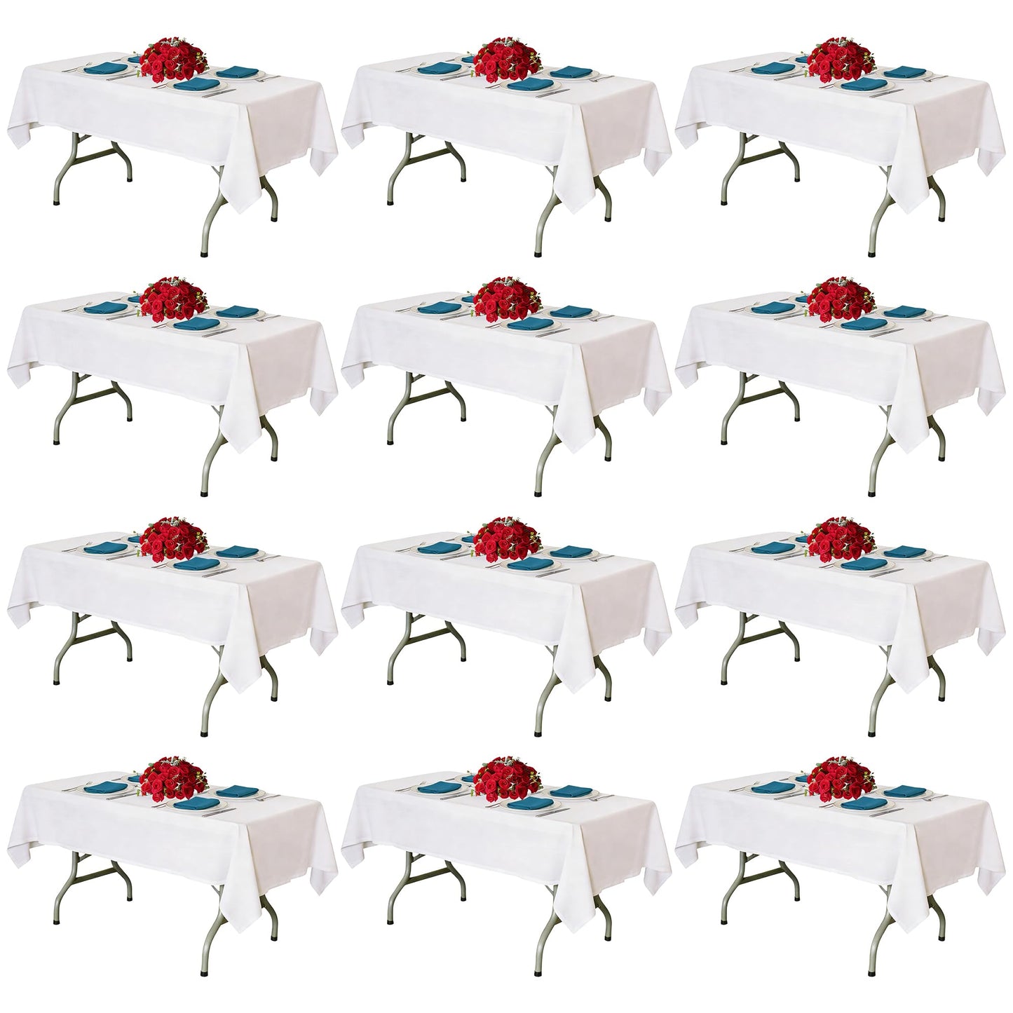 BIGTONE 12 Pack White Rectangle Tablecloth 60 x 102 Inch, Cross Ribbon Packing Reusable Table Clothes for 6 Foot Tables, Wrinkle Resistant Polyester Fabric Table Cover for Wedding, Party, Banquet