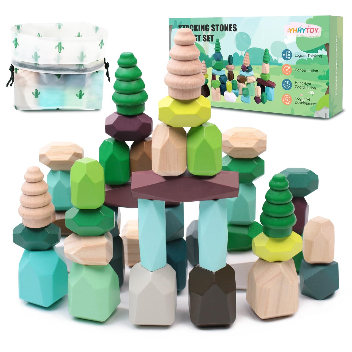 YHHYTOY - 40 Pieces Wooden Stacking Building Blocks Woodland Themed Sensory Learning Montessori Toys for 3 4 5 Year Old Boys Educational Preschool STEM Toys for Kids