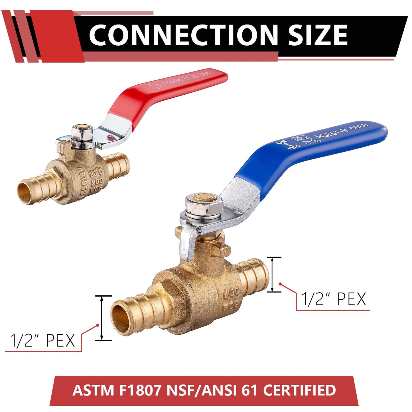 (Pack of 10) EFIELD 1/2 Inch Pex Crimp Brass Full Port Shut-off Ball Valve for Hot and Cold Water, UPC Certified