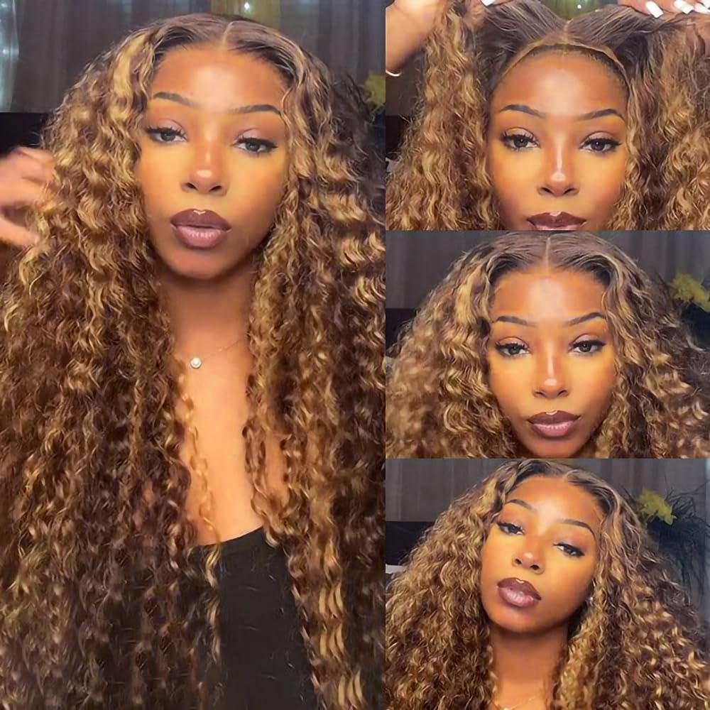 26inch Wear and Go Glueless Deep Wave 4/27 Highlight HD Transparent Lace Front Wigs Human Hair Wet and Wavy Curly Lace Frontal Wigs Pre Plucked with Baby Hair 200% Density