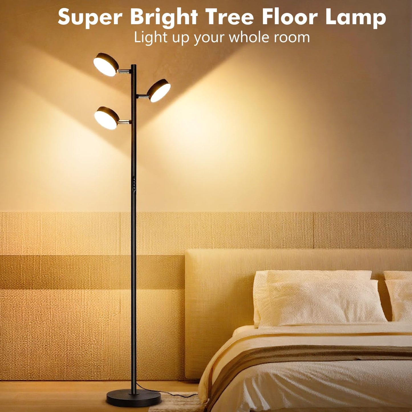 Benaep Tree Floor Lamp for Living Room - Modern Black Standing Lamp, LED Floor Light with Remote & Touch, 3000K-6000K Dimmable for Bedroom Office Reading (3 Head)