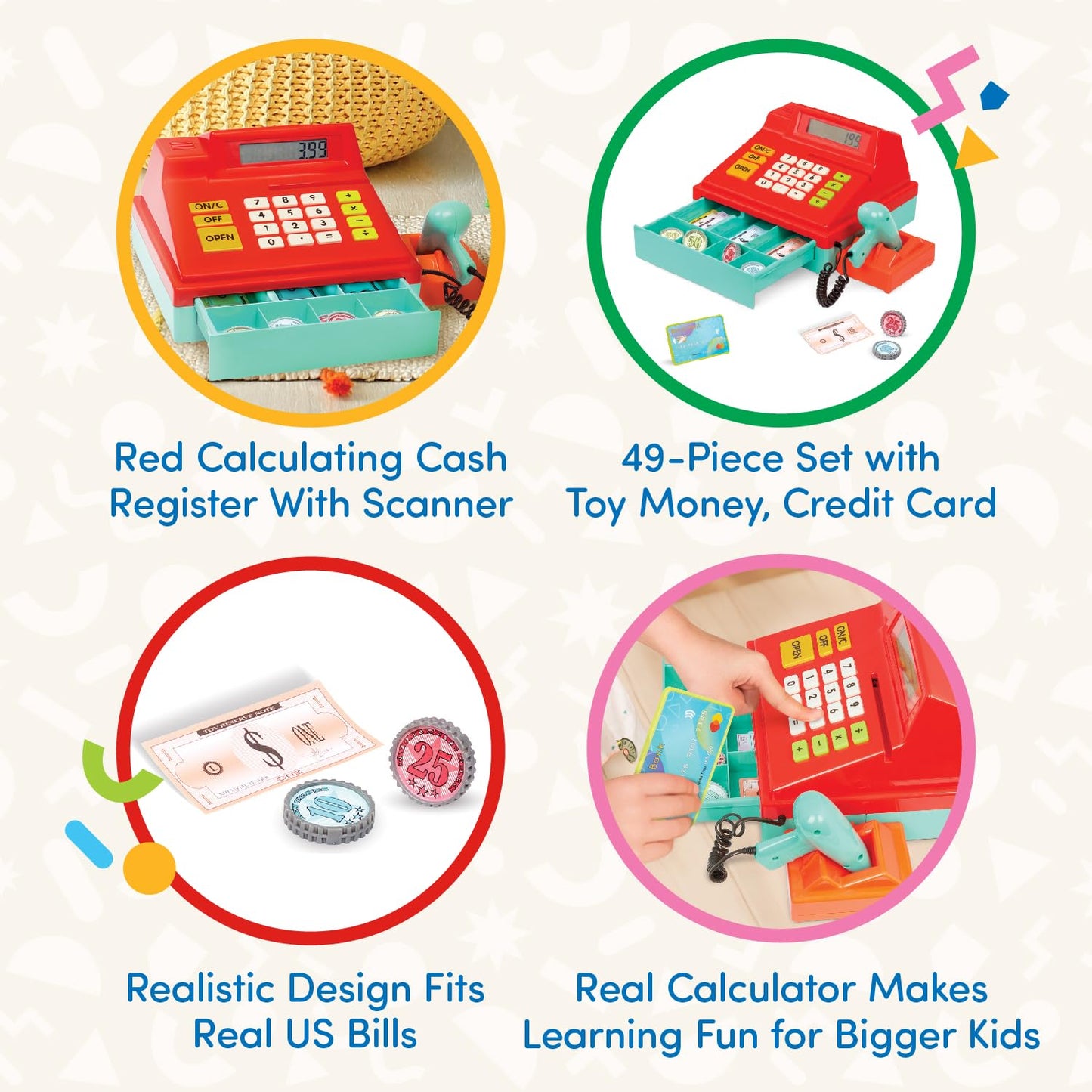 Battat – Toy Cash Register For Kids, Toddlers – 49Pc Register With Toy Money, Credit Card, Scanner– Pretend Play Toy – 3 Years + – Red Calculating Cash Register With Scanner