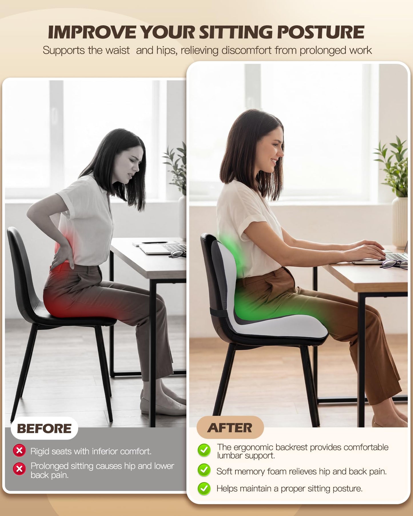 vdovsta Office Chair Cushion for Tailbone & Low Back Pain Relief, Seat Cushions for Office Chairs with Comfortable Foam and High Backrest, Suitable for Office Chairs, Cars, Trucks, and Home Chairs