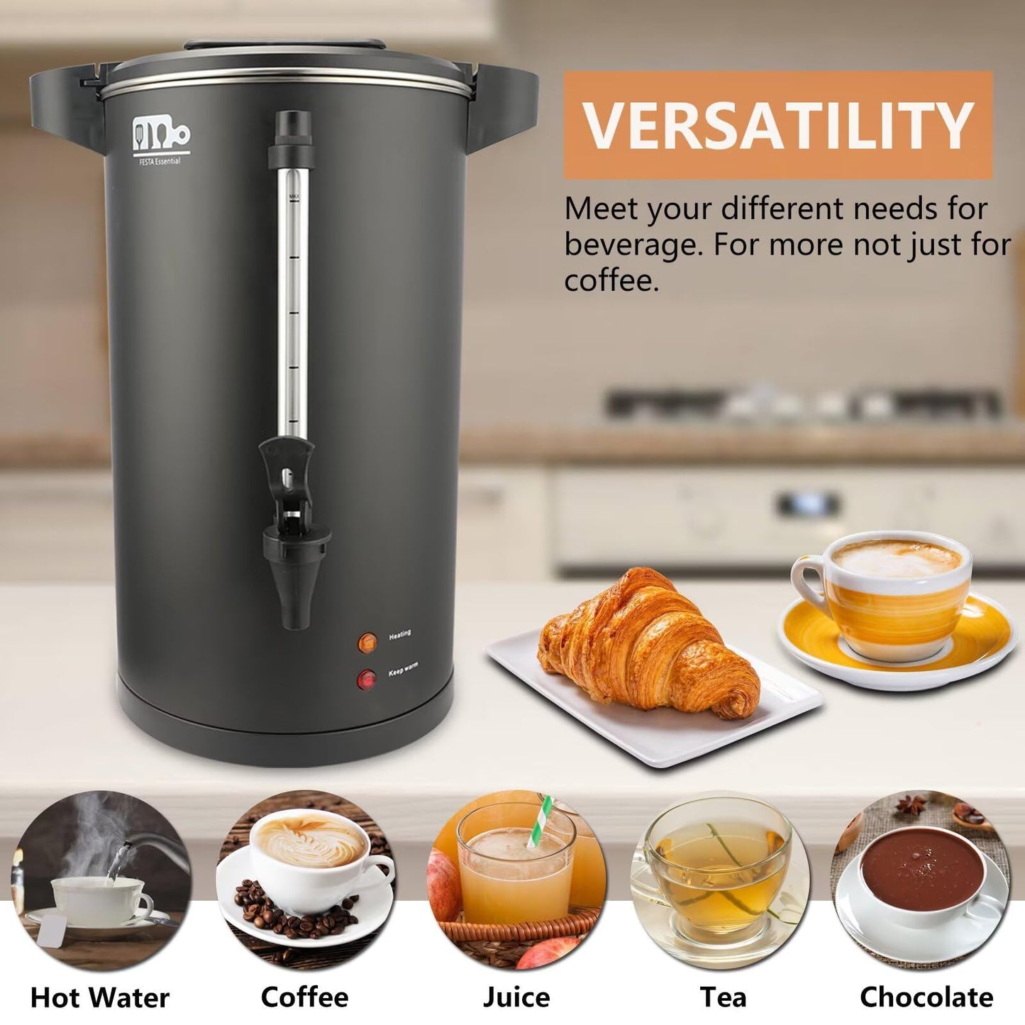 115-Cup 20L Commercial Coffee Urn, Festa Essential 1500W Double Wall Large Percolate Coffee Maker Stainless Steel Hot Water Urn Dispenser with Double Dripless Faucet, Quick-Brewing for Catering, Black