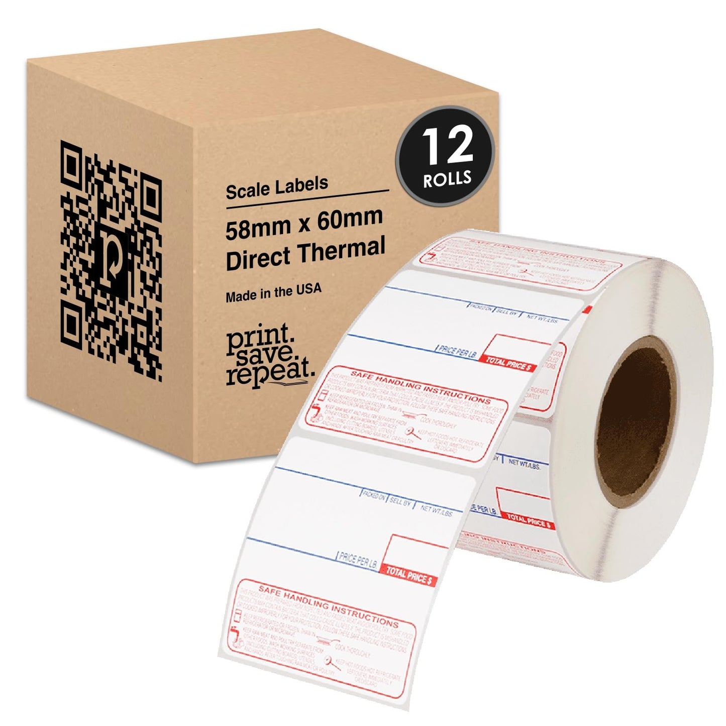 58mm x 60mm Labels for CAS Scales with SHI (8040) | 40mm Core | 500 Labels/Roll | 12 Rolls | 6,000 Labels