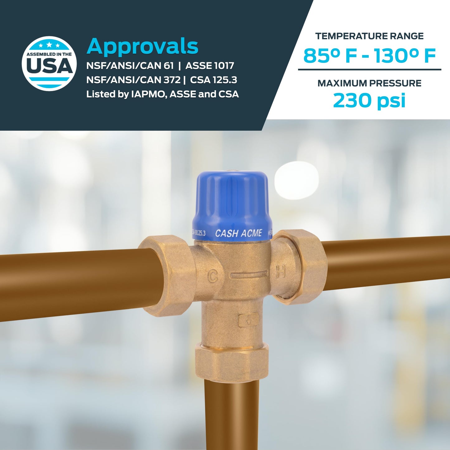 Cash Acme 1/2 Inch HG110 Crimp Thermostatic Mixing Valve with Barb Connections and Integral Checks, Brass Plumbing Fitting, 24506