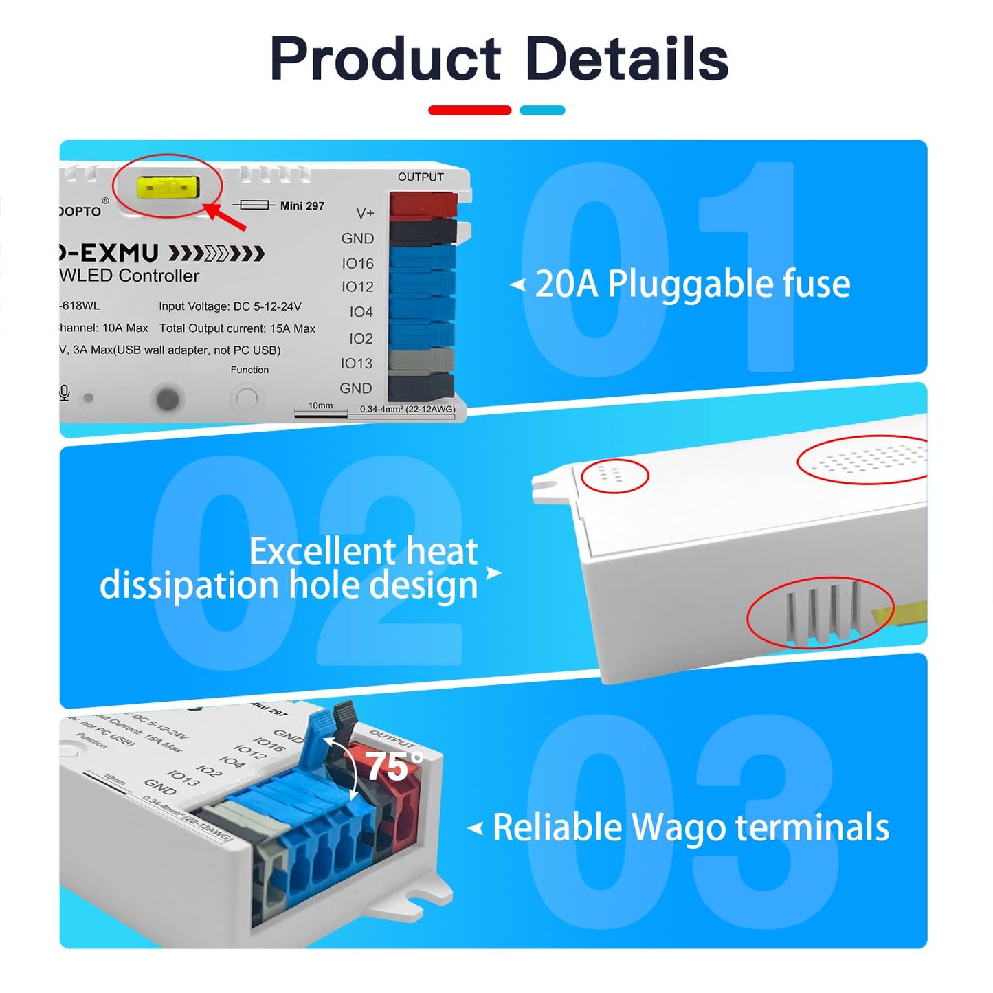 GLEDOPTO Elite ESP32 WLED LED Strip Light Controller 4 Outputs Ethernet Microphone UART Energy Saving Relay 20A Pluggable Fuse DIY Dynamic for WS2811 WS2812 SK6812 WS2815 Digital Addressable RGB IC