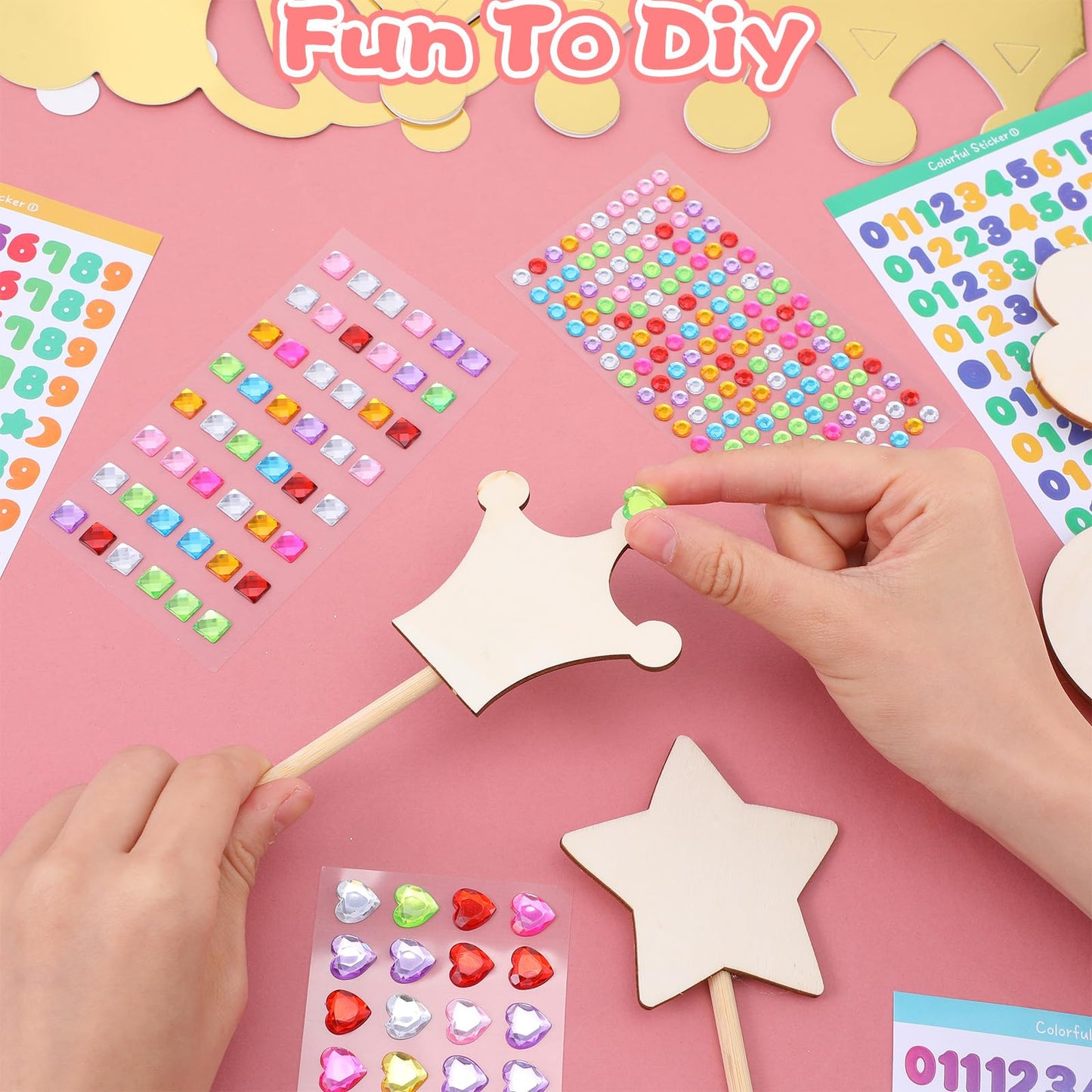 52pcs Princess Fairy Wands Kit,Make Your Own Princess Wand Include 18 Pieces 6 Styles Unfinished Wooden Princess Wand,Gold Paper Crowns, Gem Stickers, Letter and Number Stickers, Princess Art Magical