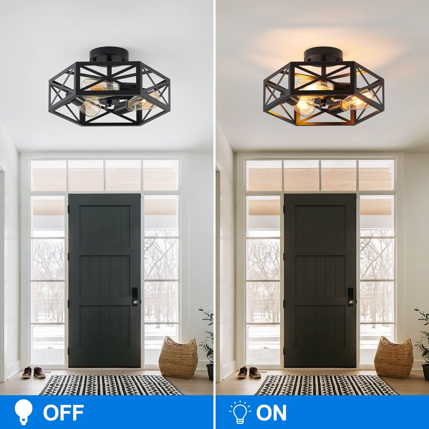 XSDeTu Semi Flush Mount Ceiling Light Fixture, Modern Farmhouse 3-Light Black Ceiling Light, Industrial Close to Ceiling Light with Metal Hexagon Cage Ceiling Lamp for Kitchen, Hallway, Bathroom