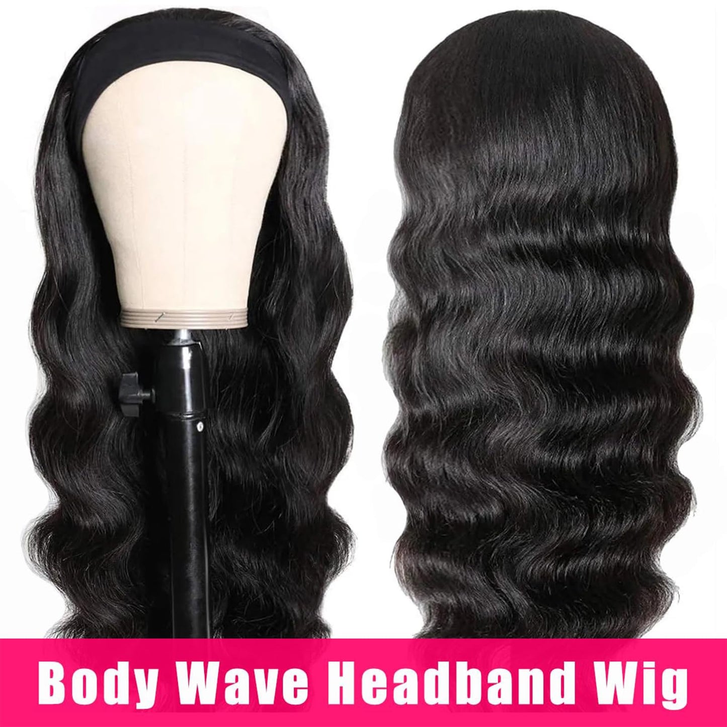 Headband Wig Human Hair Body Wave Headband Wig None Lace Front Wigs Glueless Human Hair Wigs Headband Half Wigs for Black Women Brazilian Virgin Human Hair Headband Wigs 16 Inch Natural Color