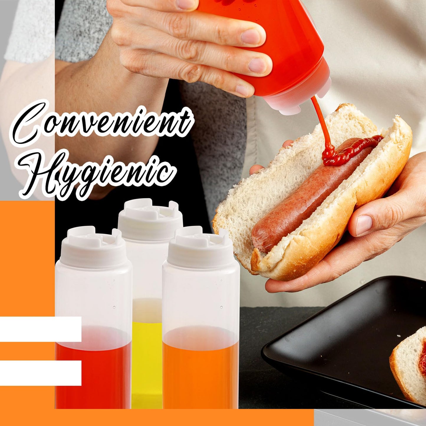 Singhoow 16 Pcs 32 oz Condiment Squeeze Bottles Restaurant Plastic Sauces Squeeze Ketchup Dispenser Inverted Refillable Large Clear Dressing Bottles for Restaurant Kitchen Catering