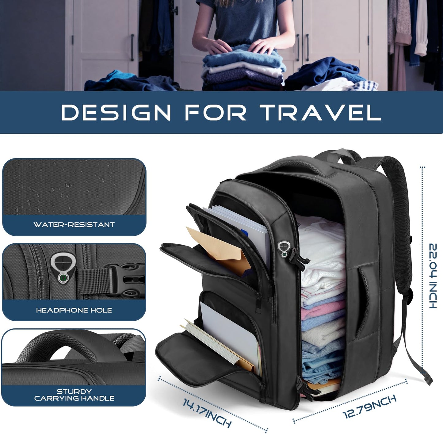 Fxcelets Travel Backpack, Extra Large Travel Backpack, TSA 18.4 inch Laptop Bag Flight Approved, Lightweight Business Luggage Bag, Gifts for Men Women, Black