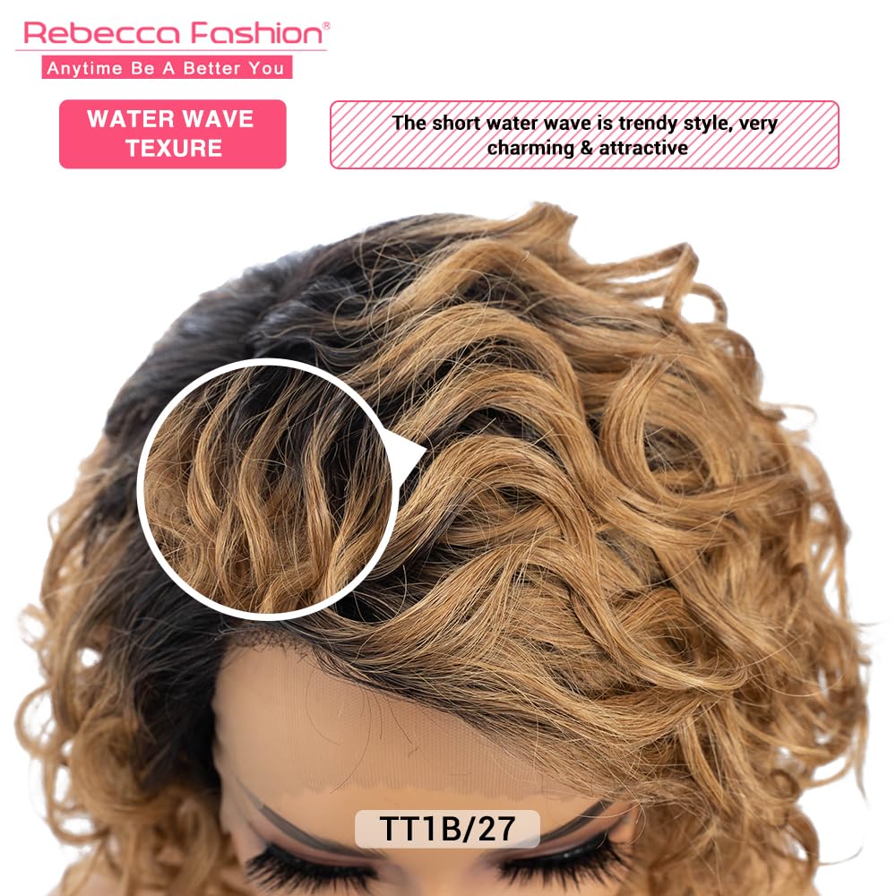 Rebecca Fashion Water Wave Bob Lace Front Wigs Human Hair 13x5.5x0.5 Large C Part Side Lace Front Wigs for Women 100% Brazilian Virgin Human Hair (12inch, Ombre Natural Color to Honey Blonde Color)