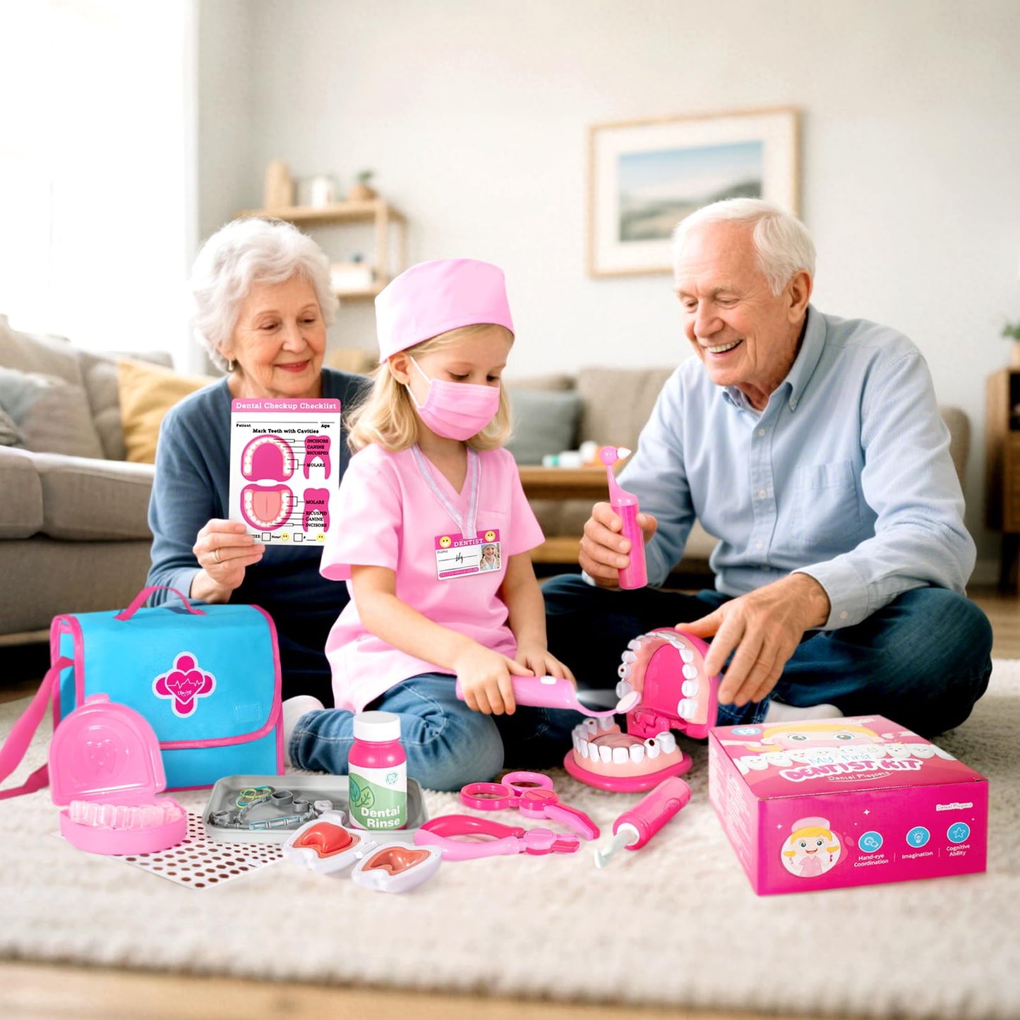 ULOVEME Kids Dentist Play Set Pink with Braces /Removable Teeth /Retainer - Doctor Kit for Toddlers 3-5 - Educational Toys for 4+ Year Old Girls - Pretend Play Toy for Ages 5-7 (Pink)