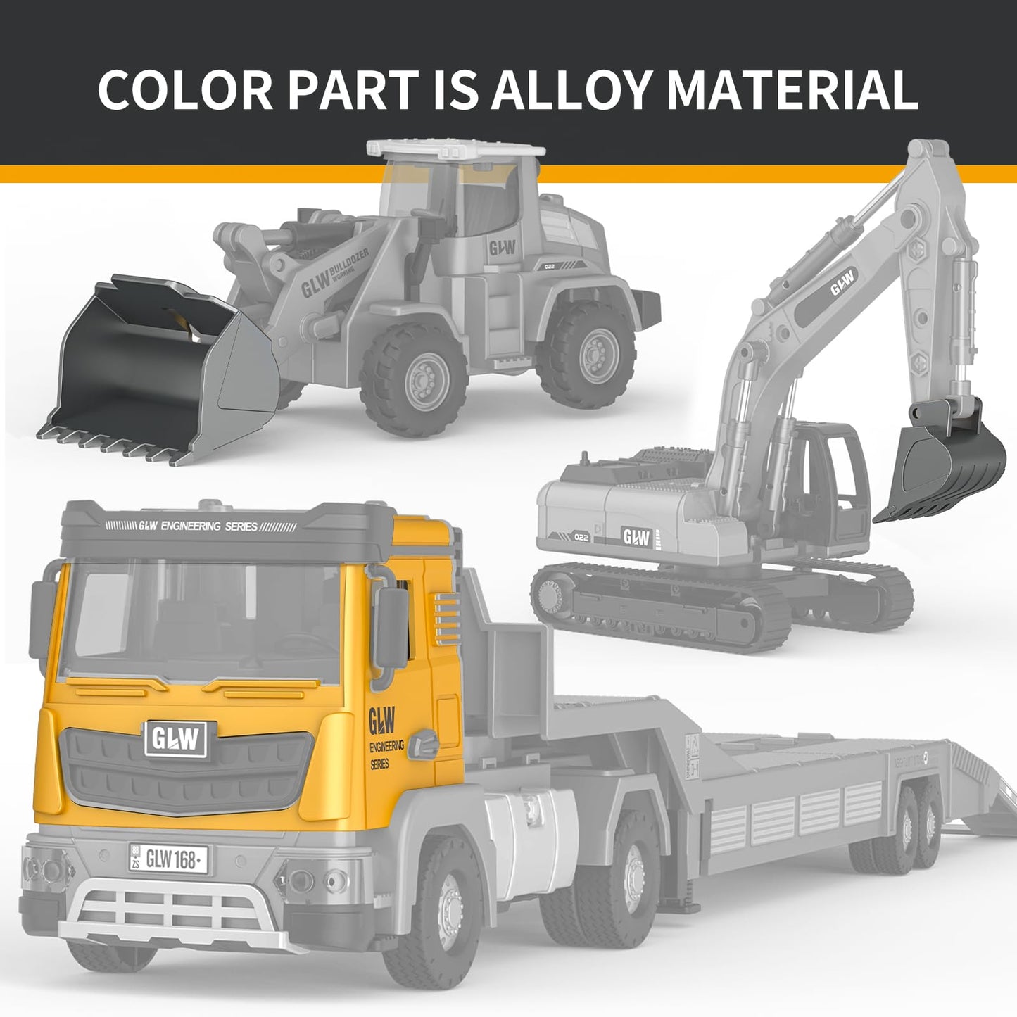 Pupu Pig Kids Toys for 3 4 5 6 7 Years Old Boys, Die-cast Construction Toys Set w/Semi Truck, Excavator, Bulldozer, Alloy Engineering Construction Vehicles Truck Toys w/Lights & Sounds, Model Cars