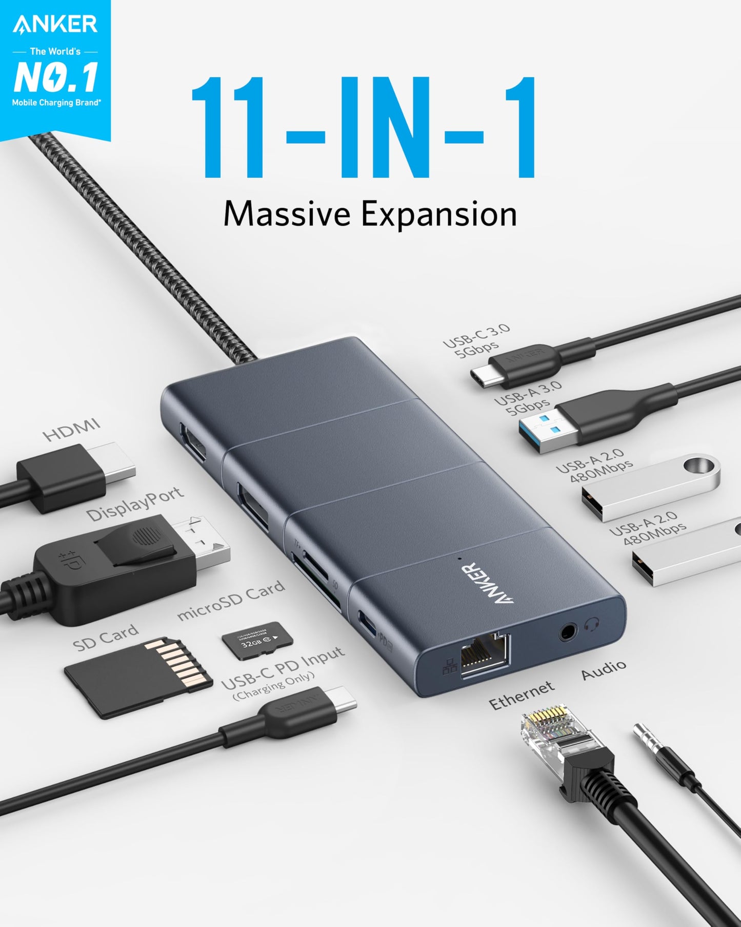 Anker USB C Hub, 11-in-1 Docking Station with 4K@60Hz HDMI and DP, 100W Power Delivery, USB-C and 3 USB-A Data Ports, 1 Gbps Ethernet, 3.5mm Audio, microSD and SD Card Reader