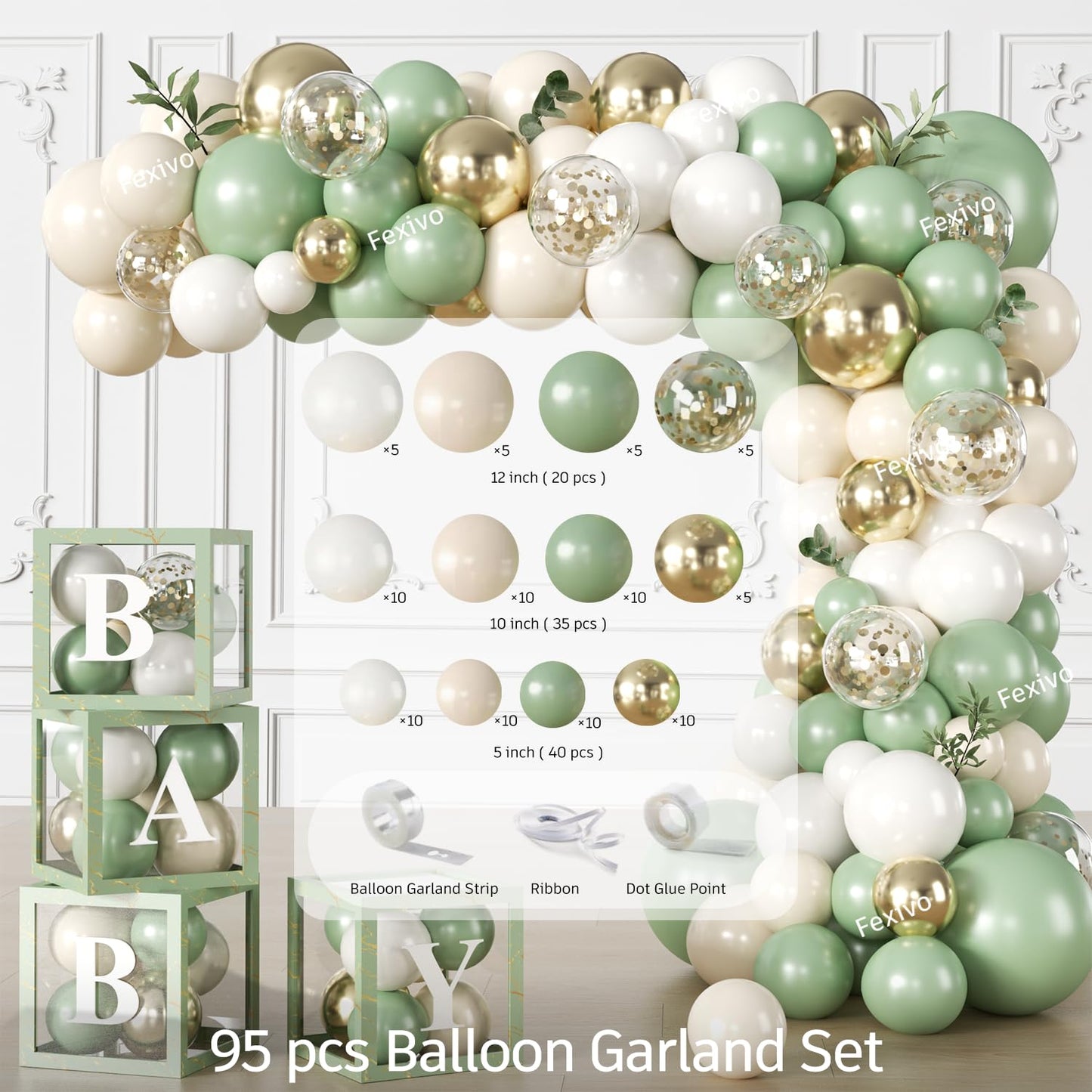 Fexivo 286 Pcs Sage Green Baby Shower Decorations Set-Serves 25 Guests -All-in-One Gender Neutral Party Supplies Kit Includes Balloon Arch, Backdrop, Tableware Set, and Sash