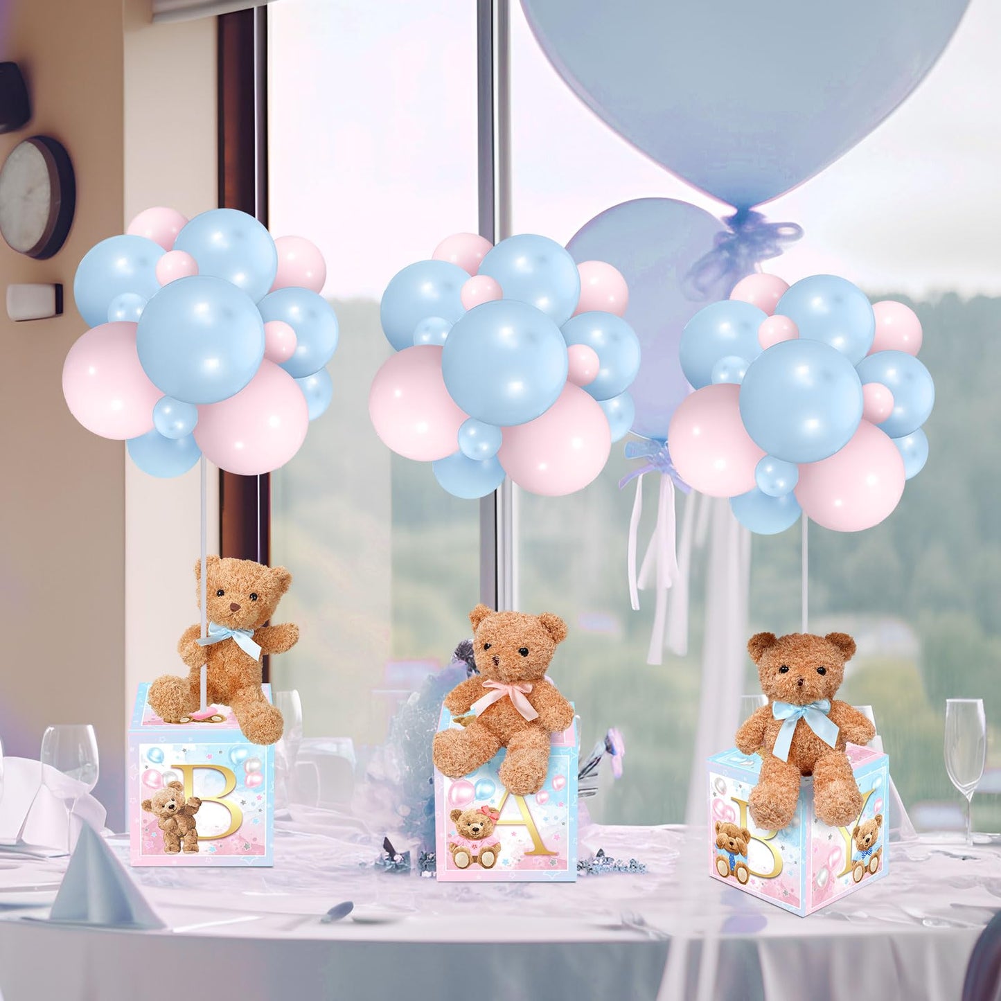 Lenwen - Set of 6 Blue Pink Bear Baby Shower Decorations for Gender Reveal Letter Boxes Baby Shower Table Centerpieces Stuffed Animal Balloons with Stand, Boxes