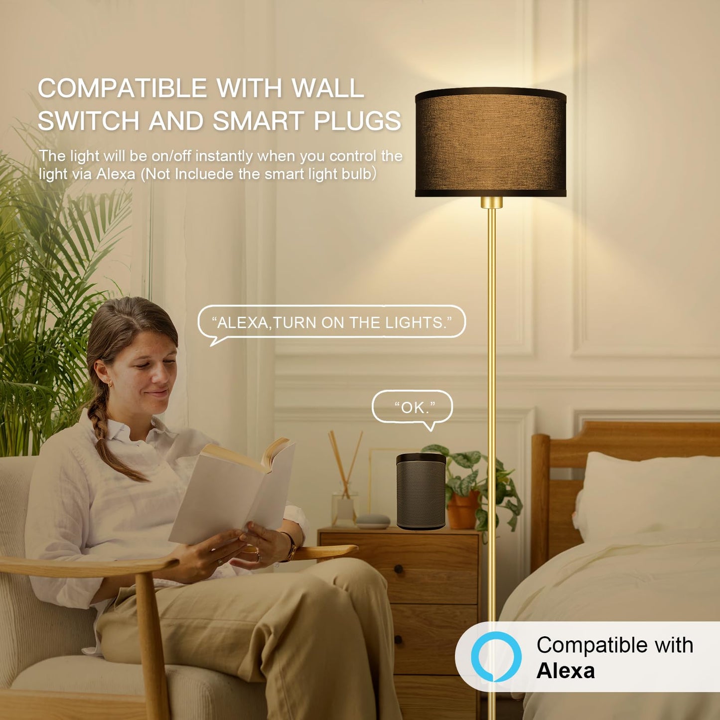 Gold Floor Lamps for Living Room, Modern Bright Standing Lamp, Black Lamp Shades, Foot Switch, Simple Pole Lamps Corner Lamp for Bedroom,Office, Living Room, Den, Black Living Room Lamp(No Bulb)