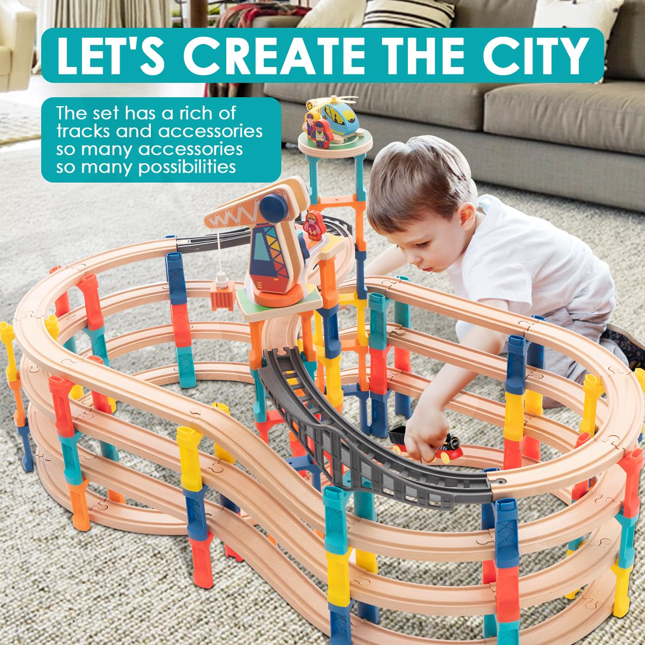 120Pcs Wooden Train Tracks Set, 398-inch Track Expansion, Toddler Railway Bridge Toy Train Set with Airplane and Magnetic Crane, Birthday Gifts for Boys and Girls, Compatible with All Major Brands