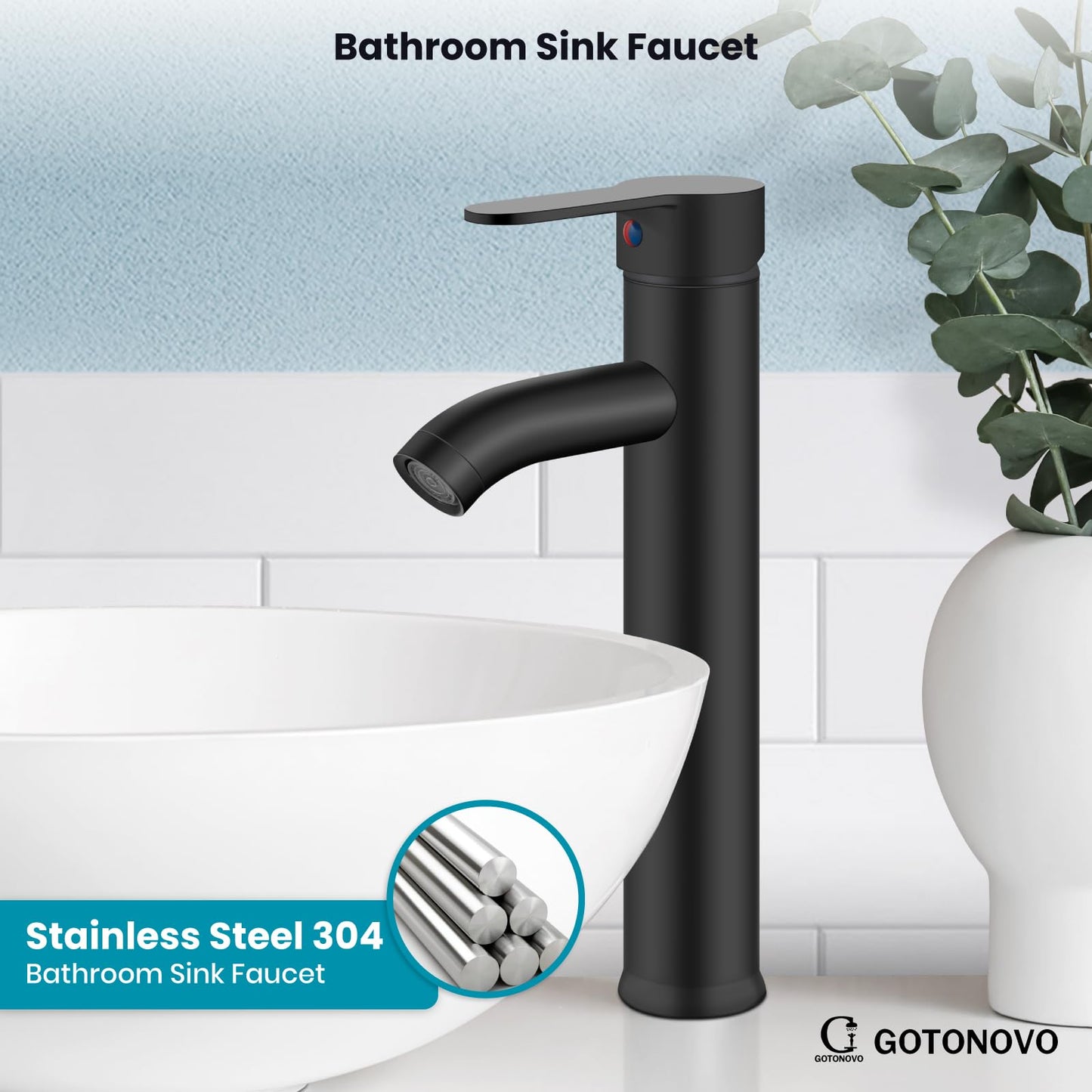 gotonovo Vessel Sink Faucet Modern One Hole Bathroom Faucet Deck Mount Lavatory Vanity Single Handle Mixer Tap with Water Supply Hose and ABS Pop Up Drain Matte Black