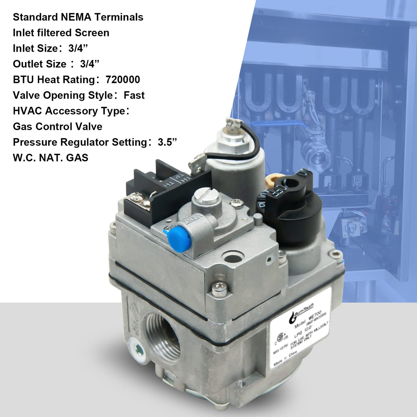 700-506 Gas Valve, Fast Opening, 200000 BTU/H, Combination Gas Valve, Inlet Filtered Screen, Pilot Outlet 1/4” Tubing, Standard NEMA Terminals, Widely Used in Natural Gas