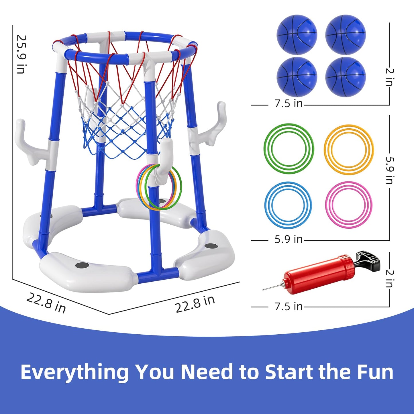 BLmukce Pool Basketball Hoop for Kids 4-8 & 8-12 Years Old - 2-in-1 Floating & Above Ground Water Game with 4 Balls, 12 Rings & Pump, Outdoor Play Swimming Pool Toy for Adult Summer Party (Blue)