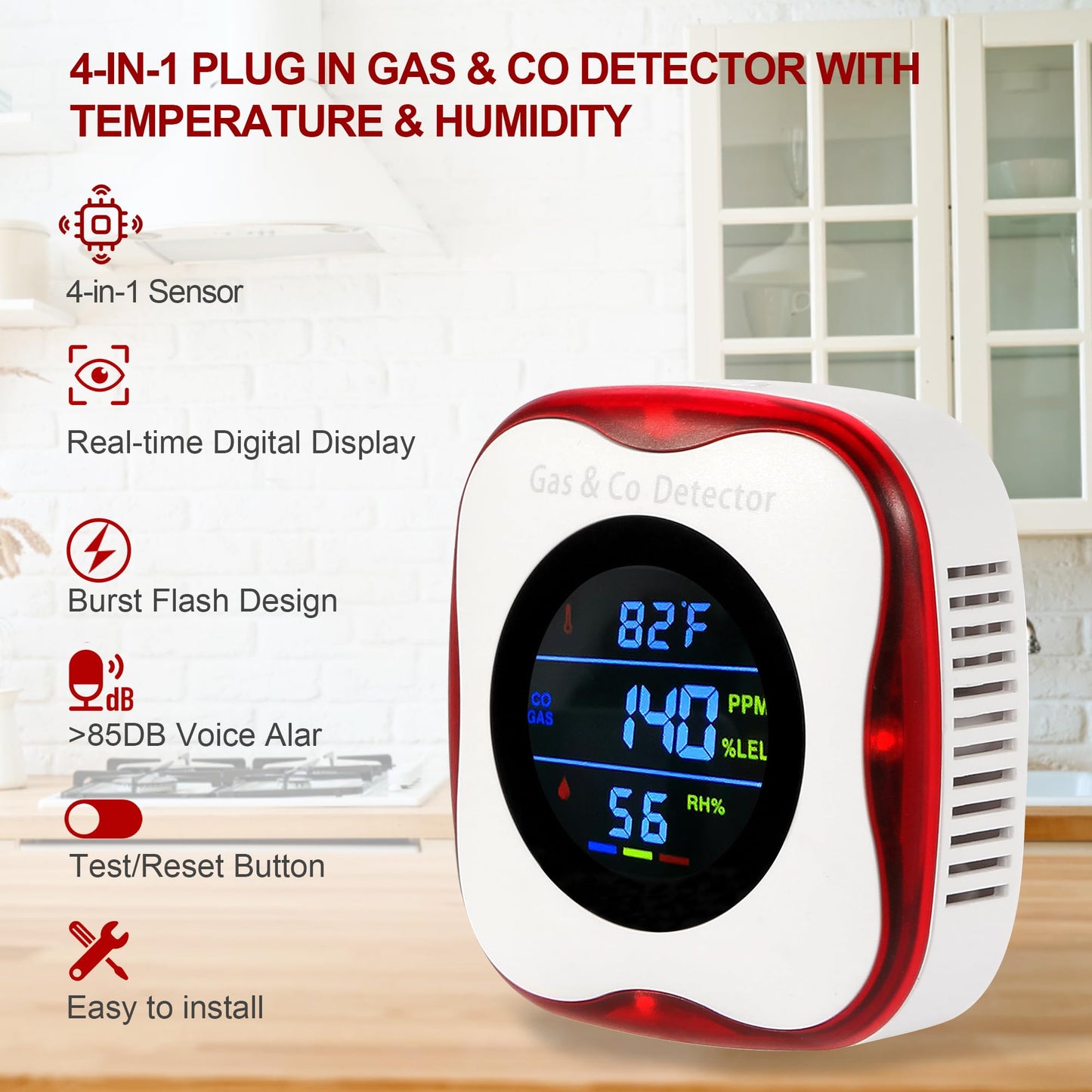 2 Packs Plug in Gas & Carbon Monoxide Detectors, 4-in-1 Natural Gas Leak Detector,Carbon Monoxide Alarm,4 Sensor °F&Humidity,CO & Propane Detector for Home,RV