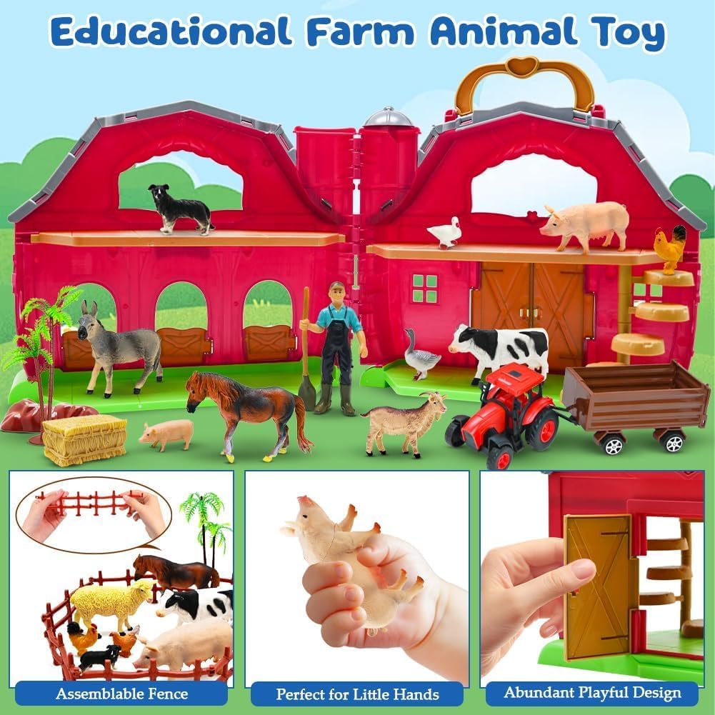 Red Barn Farm Animals Toy for Toddlers, Farm Figures Farmer Toy Truck with Trailer Preschool Learning Toys Christmas Birthday Gift for Boys Girls