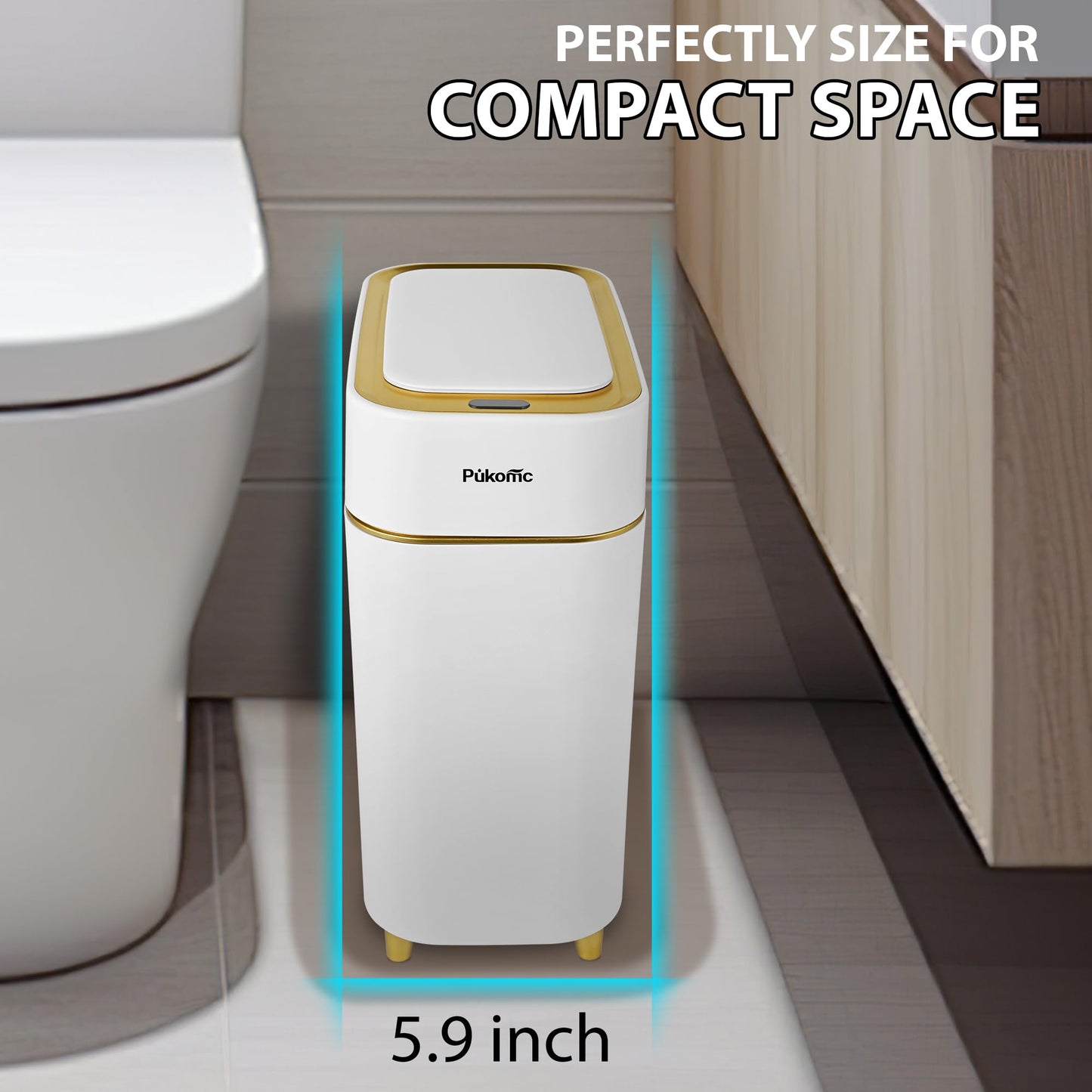 Pukomc 2.3 Gallon / 9L Automatic Adsorption Sensor Trash Can, White Gold Motion Sensor Garbage Bin with Vacuum Suction, Slim Fashionable Design for Kitchen, Bathroom, Office & Small Space