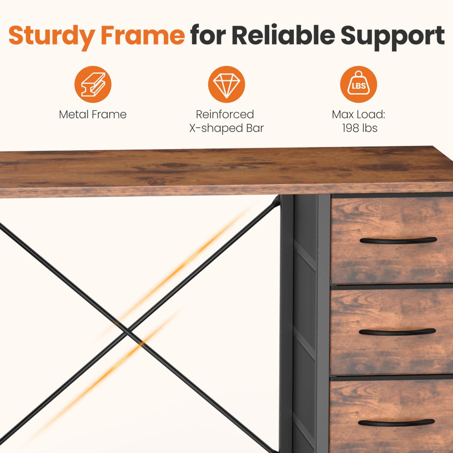 Sweetcrispy Desk with 8 Fabric Storage Drawers, Computer Office 47 Inch Gaming Writing Study Table with X-Shaped Reinforced Structure for Home Office Bedroom PC Desk, Brown