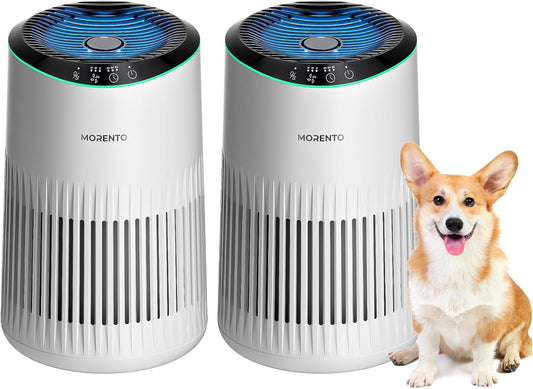 Air Purifiers for Bedroom Home with Sleep Mode for Smoke Pet Dander Odors, Small Air Purifier with Fragrance Sponge, Blue Ambient Light, 23dB Quiet, 2 Pack White