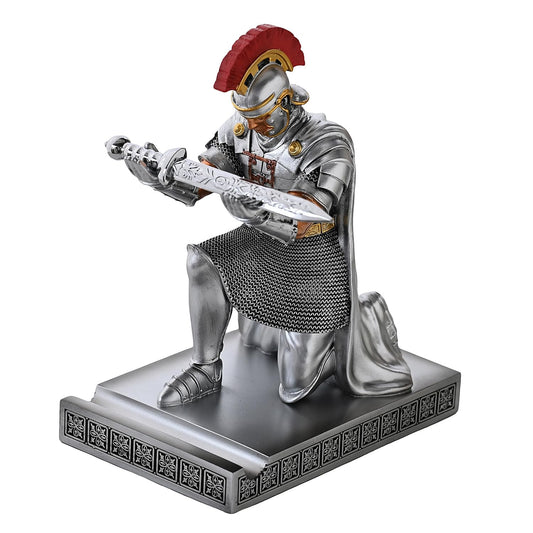 CYXStar Roman Praetorian Prefect Warrior Knight Pen Holder Desk Ornament Resin Praetorian Guard Mobile Phone Stand Desk Accessories and Organizer For Office with a Letter Opener (Silver)